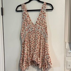 Free People Floral V-Neck Chemise - Red and Cream